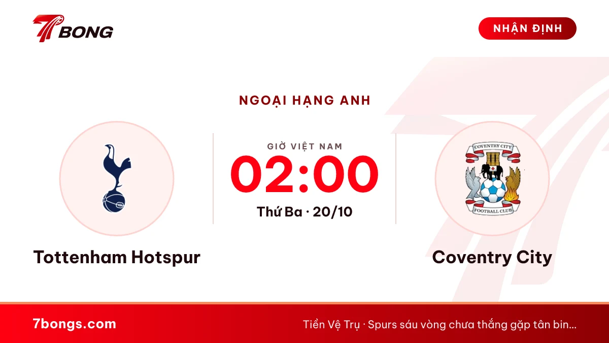 Nhận định Tottenham Hotspur vs Coventry City ngày 20/10/2026