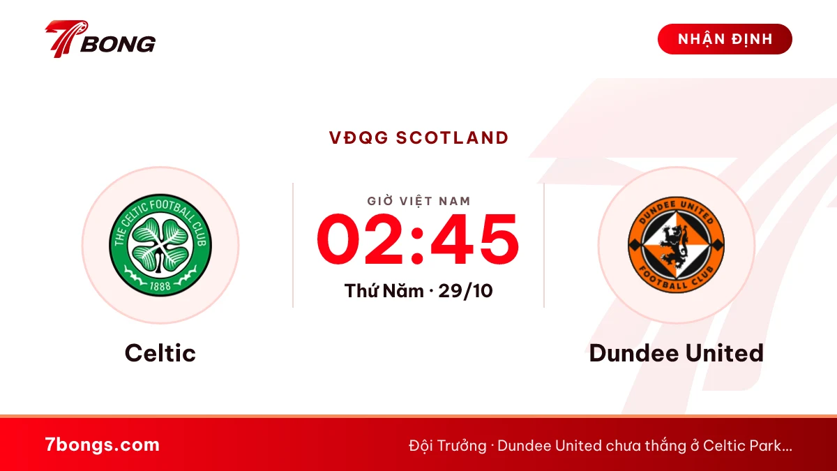 Nhận định Celtic vs Dundee United ngày 29/10/2026