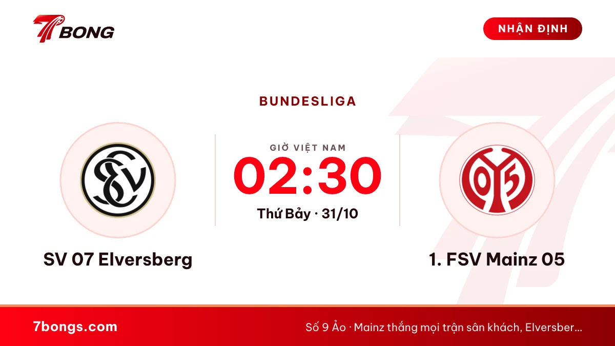 Nhận định SV 07 Elversberg vs 1. FSV Mainz 05 ngày 31/10/2026