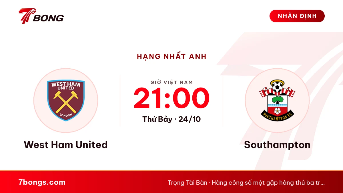 Nhận định West Ham United vs Southampton ngày 24/10/2026