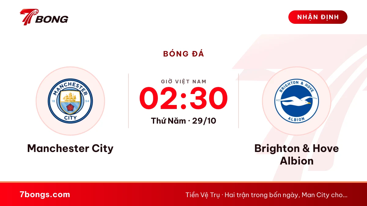 Nhận định Manchester City vs Brighton & Hove Albion ngày 29/10/2026